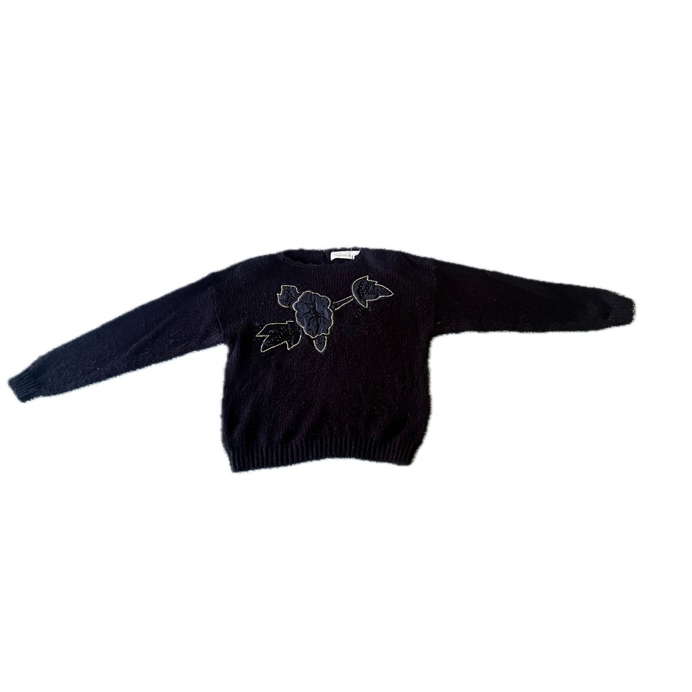 Vintage 80s Women Sz M Black Floral Applique Beaded Knit Sweater Retro Fall Chic